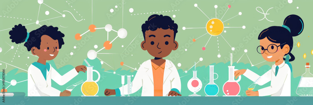 Poster a group of children in lab coats conducts an experiment using various colorful liquids while explori