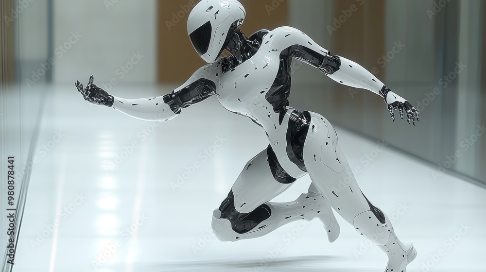 Poster a humanoid robot in a dynamic pose, showcasing advanced design.