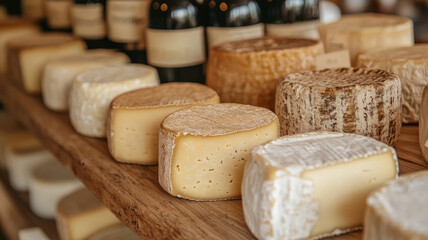 Fototapeta premium Assorted cheeses displayed on a wooden shelf