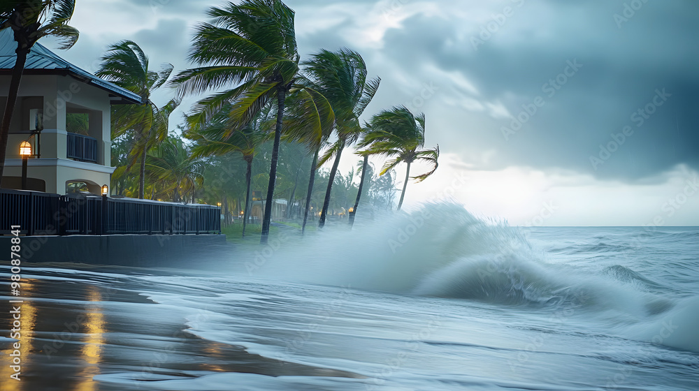 Wall mural Beachfront resort during tropical storm with crashing waves and bending palm trees.