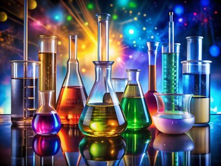 Colorful chemical reagents mixed in various beakers and flasks with oil droplets forming distinct layers, showcasing dynamic laboratory experimentation and scientific discovery scene.