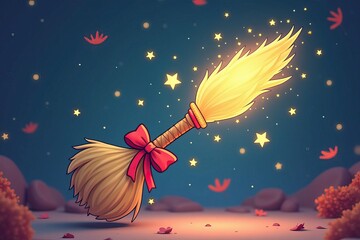 Flying magical broom against a starry sky with free space. 