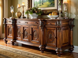 Elegantly styled wooden server with ornate carvings and ornamental hardware, placed against a neutral background,