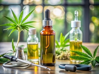 A modern clinic background showcasing a bottle of medicinal cannabis oil with a dropper on a sleek counter, surrounded by medical equipment and utensils.