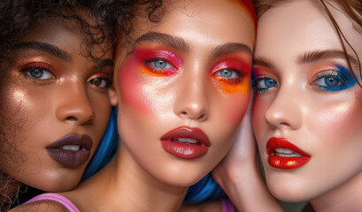 Diverse women display striking makeup artistry with bright colors and textures, emphasizing creativity and individual expression in beauty fashion