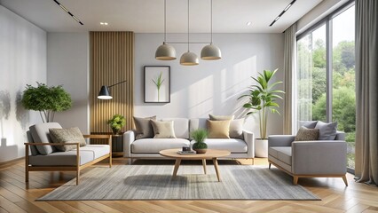 Fototapeta premium Empty, minimalist living room with select statement pieces, showcasing the 80/20 rule's emphasis on simplicity and