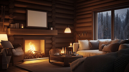 Fototapeta premium Cozy Cabin Living Room with Fireplace and Forest View