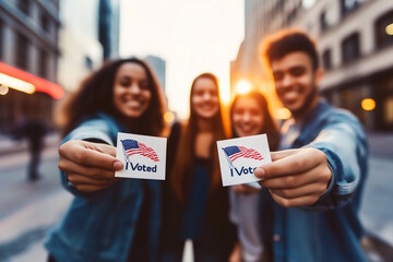 Diverse group of young voters proudly holding "I Voted" stickers, standing in a city street during sunset. Represents youth engagement in democratic processes. Suitable for Election Day