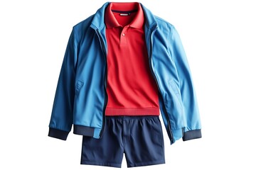 men's blue  jacket windbreaker, red shirt and black sports shorts isolated on white background. fashionable casual wear