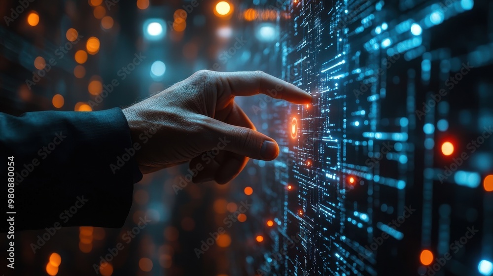 Poster businessman presses button internal control on virtual screens business technology internet and netw