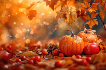 Heaps of Pumpkins in Vibrant Autumn Forest