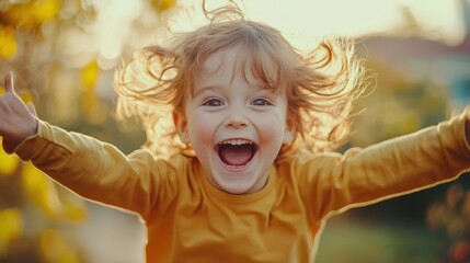 Fototapeta premium A child jumping in excitement, close-up of their face filled with pure happiness, soft natural light, emotional and lively, photorealism