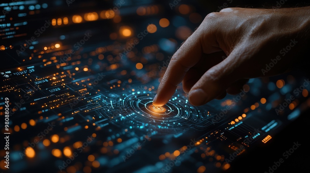 Aufkleber businessman presses button internal control on virtual screens business technology internet and netw