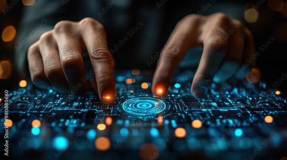 Poster businessman presses button internal control on virtual screens business technology internet and netw
