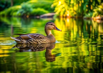 A solitary duck swims in a serene pool surrounded by lush greenery, reflecting a tranquil atmosphere with ripples on the water's surface.