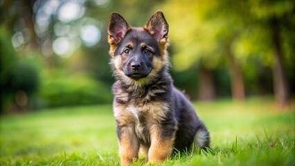 Adorable brown and black German Shepherd puppy sprawls on the lush green grass, playful paws...