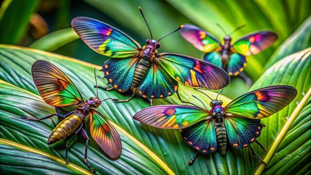 Exotic, iridescent insects with delicate wings and vibrant colors, perched on lush green leaves, showcasing their