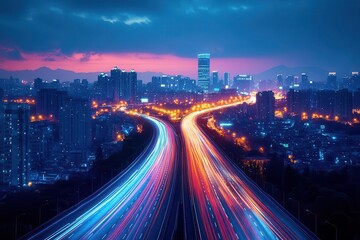 Fototapeta premium long exposure of highway at night streaking lights from vehicles creating luminous trails modern urban landscape with glowing ribbons of color against inky sky capturing citys energy