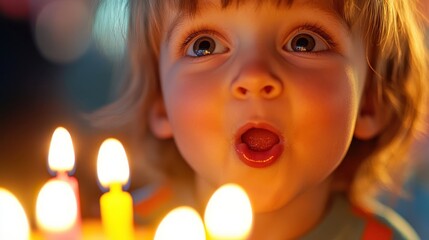  Close-up of a child's face filled with happiness, blowing out birthday candles, eyes wide with excitement, warm and vibrant tones