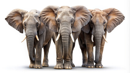 Fototapeta premium Three majestic African elephants stand side by side, showcasing their large ears, tusks, and textured skin under soft natural lighting, creating a striking visual