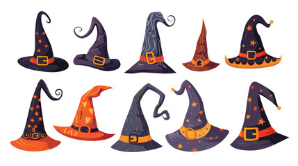 Obraz premium Set of isolated witch hats on transparent background. Magic hat, wizard hat, witch hat for Halloween decoration.