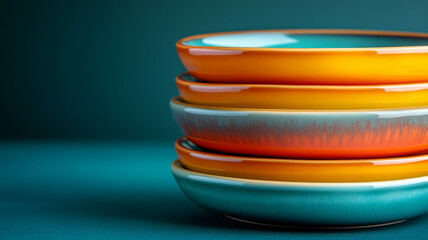 Colorful ceramic plates stacked on a teal background