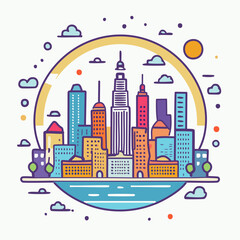 Obraz premium Cityscape with sci-fi elements in a vintage poster style, bold and flat, minimal lines vector art logo design