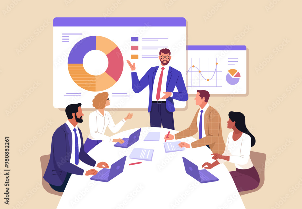 Poster Business Planning concept. Vector illustration in flat style of a group of diverse business people having a discussion at a table with graphs in the background.