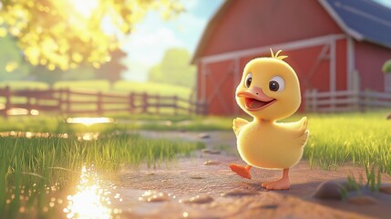 illustration of a cute baby duck waddling through a sunlit barnyard with a red barn in the background