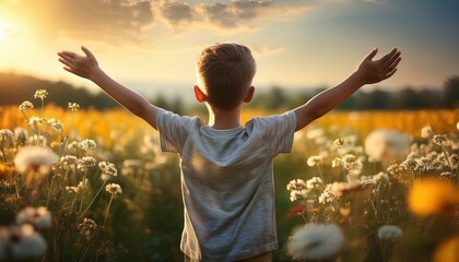 Boy is Praying to God on the Field full of Flowers with some sun and blue sky.