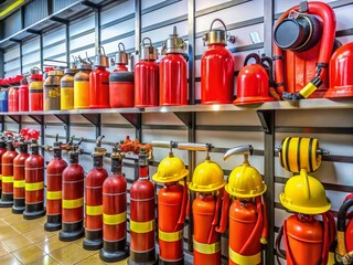 Fire safety equipment display at a store in Chennai, Tamil Nadu, featuring various safety gears, helmets, and