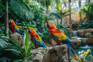 Obraz premium Colorful display of tropical birds in a spacious aviary at the zoo. Vibrant parrots, toucans, and macaws