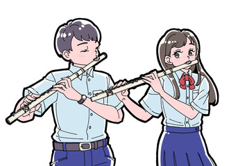 フルートを吹く男女のイラスト