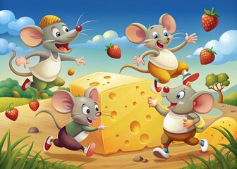 Naklejka premium Adorable cartoon mice characters engaging in a playful food chase, chasing and eating cheese, bread, and fruit in a whimsical vector illustration setting.