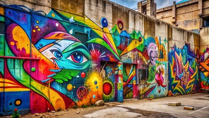 Vibrant graffiti artwork revives a cracked concrete canvas, its bold colors and abstract shapes injecting new life into the weathered, urban backdrop.