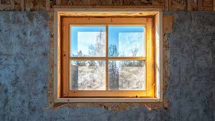 Wooden-framed window in an unfinished building under construction.