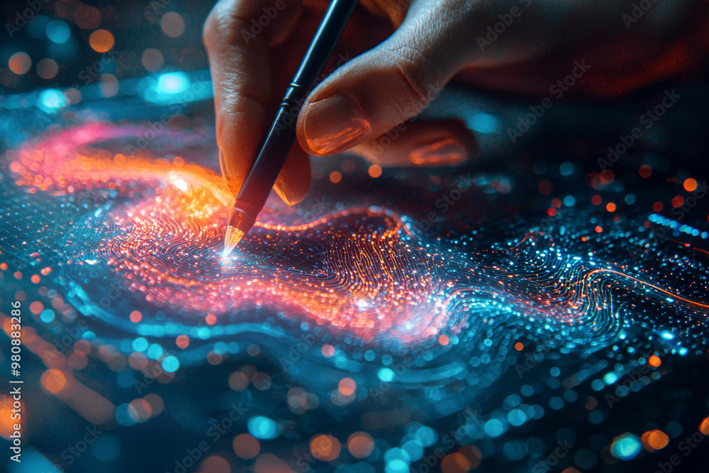 Poster a hand holding pen creates colorful abstract patterns on digital surface, showcasing vibrant data vi