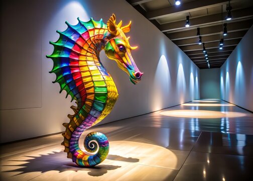 A vibrant hippocamp sculpture exudes energy in a modern art gallery under the play of bright lights and