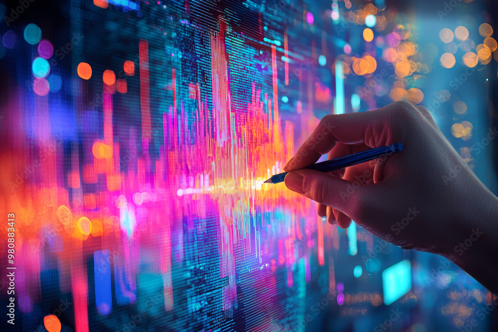 Poster a vibrant hand drawing colorful abstract data visualizations on digital screen, showcasing blend of 