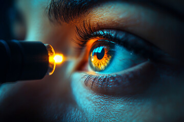 A doctor is examining patients eye with small flashlight, highlighting intricate details of iris and pupil. focused light creates dramatic effect, emphasizing importance of eye health