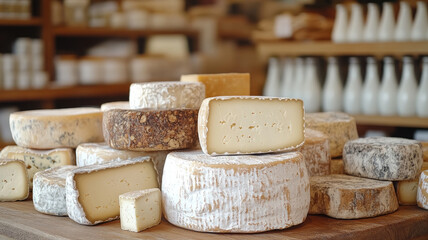Assorted varieties of artisanal cheeses on a rustic shelf.