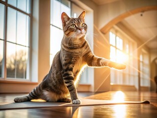 Flexible feline assumes a serene warrior pose, stretching lithe body in a sun-drenched yoga studio, whiskers twitching