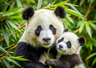 Naklejka premium Fluffy giant panda cub snuggles up to its mother, gazing up with big round eyes, in a heartwarming
