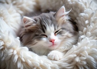 Naklejka premium Fluffy gray and white ball of fur with big bright eyes and pink nose, curled up tight, sleeping