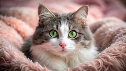 Obraz premium Fluffy grey and white whiskered feline with bright green eyes and pink nose curls up on soft pastel