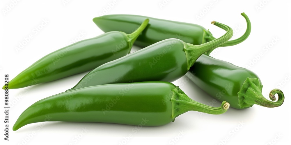Poster a bunch of green peppers are sitting on a white background. the peppers are all different sizes and 