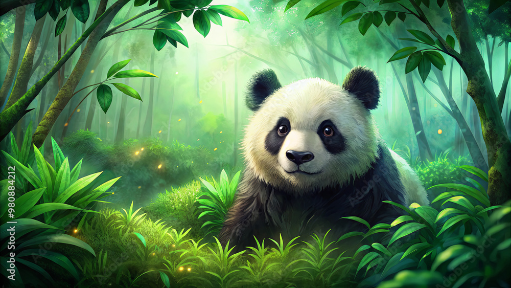 Poster a panda navigates through a dense forest, surrounded by lush greenery and dappled sunlight filtering