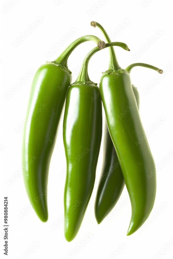 Poster a bunch of green peppers are shown in a row. the peppers are all the same size and shape, and they a