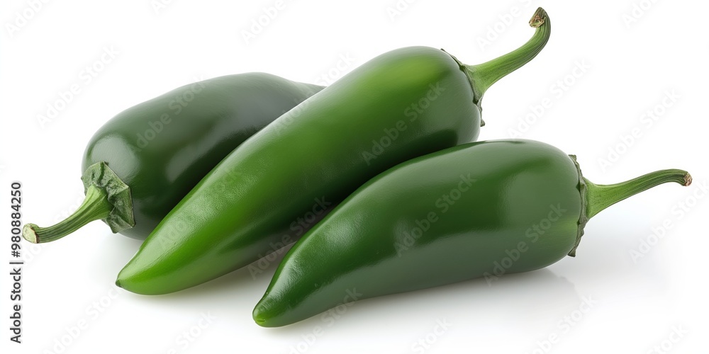 Poster three green peppers are sitting on a white background. the peppers are all different sizes and are a