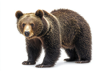 Obraz premium A majestic bear stands confidently on white isolated background, showcasing its thick fur and powerful build. This image captures essence of wildlife and natures beauty